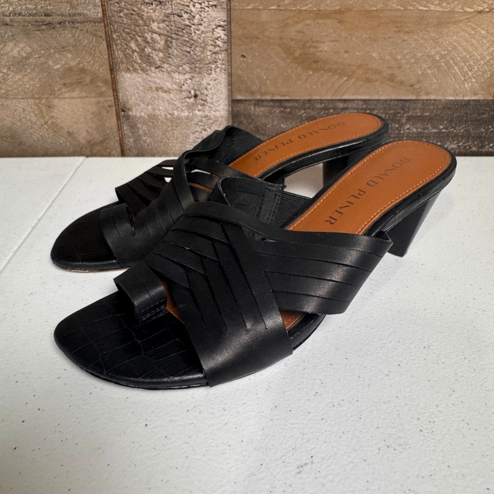 Donald Pliner Slide Sandals Womens 6M Black Leather Toe Loop Cone Heel Mules